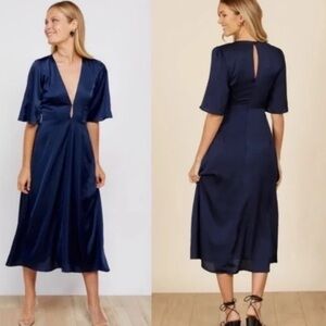 Park & Fifth Navy Satin V-Neck Midi Dress